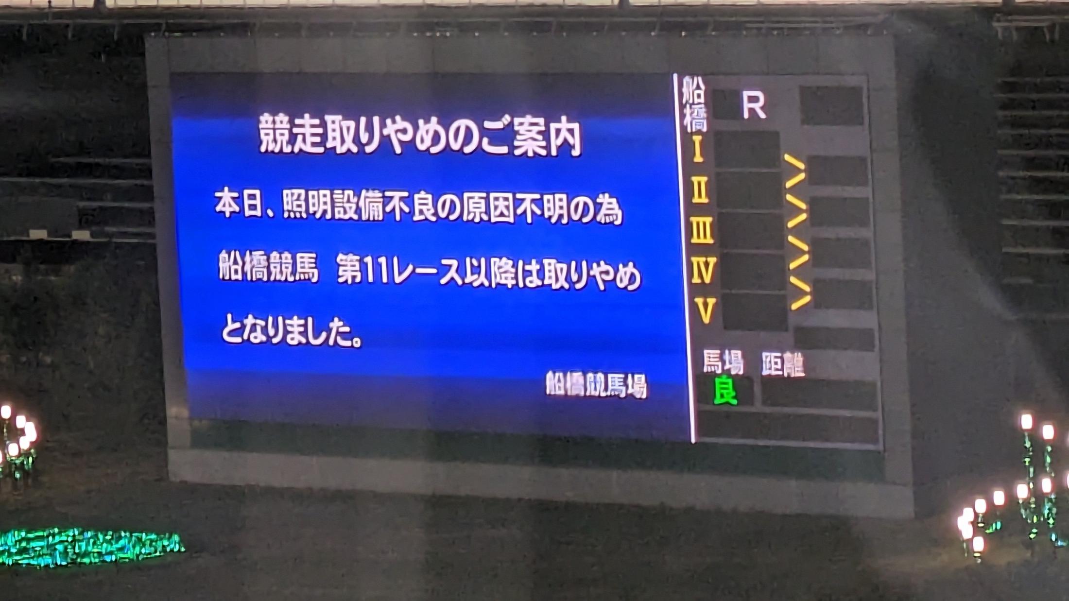 【地方競馬】船橋４日目の１０Ｒ以降が照明設備不良のため競走取りやめ