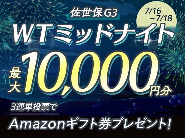 7/16〜7/18 佐世保競輪G3 ＷＴミッドナイトに3連単投票して最大10,000円分のAmazonギフト券をゲット！